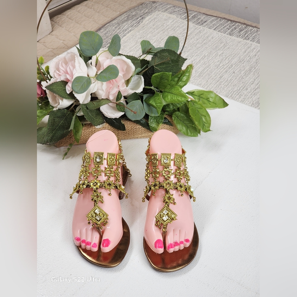 Colin Stuart Gold and Brown Sandals with Glittery Embellishments